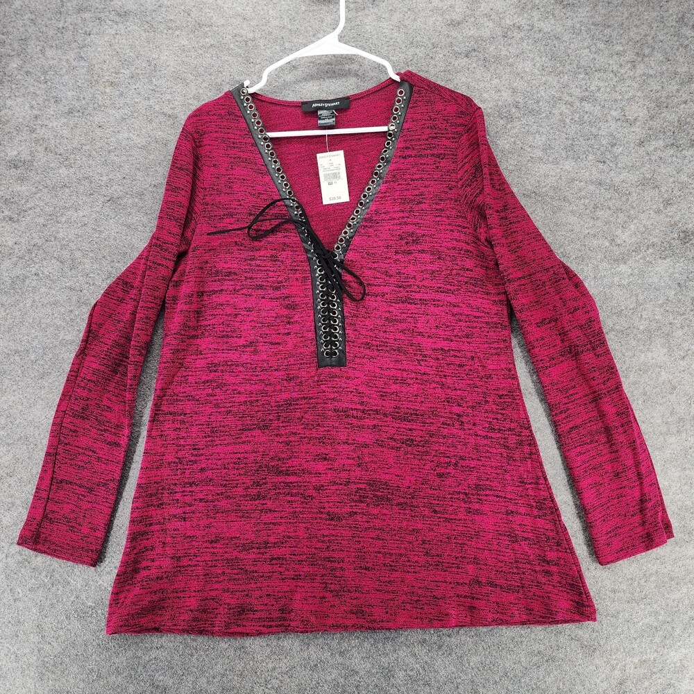 Ashley Stewart Shirt Womens 12 Long Sleeve V Neck Lace Up Red